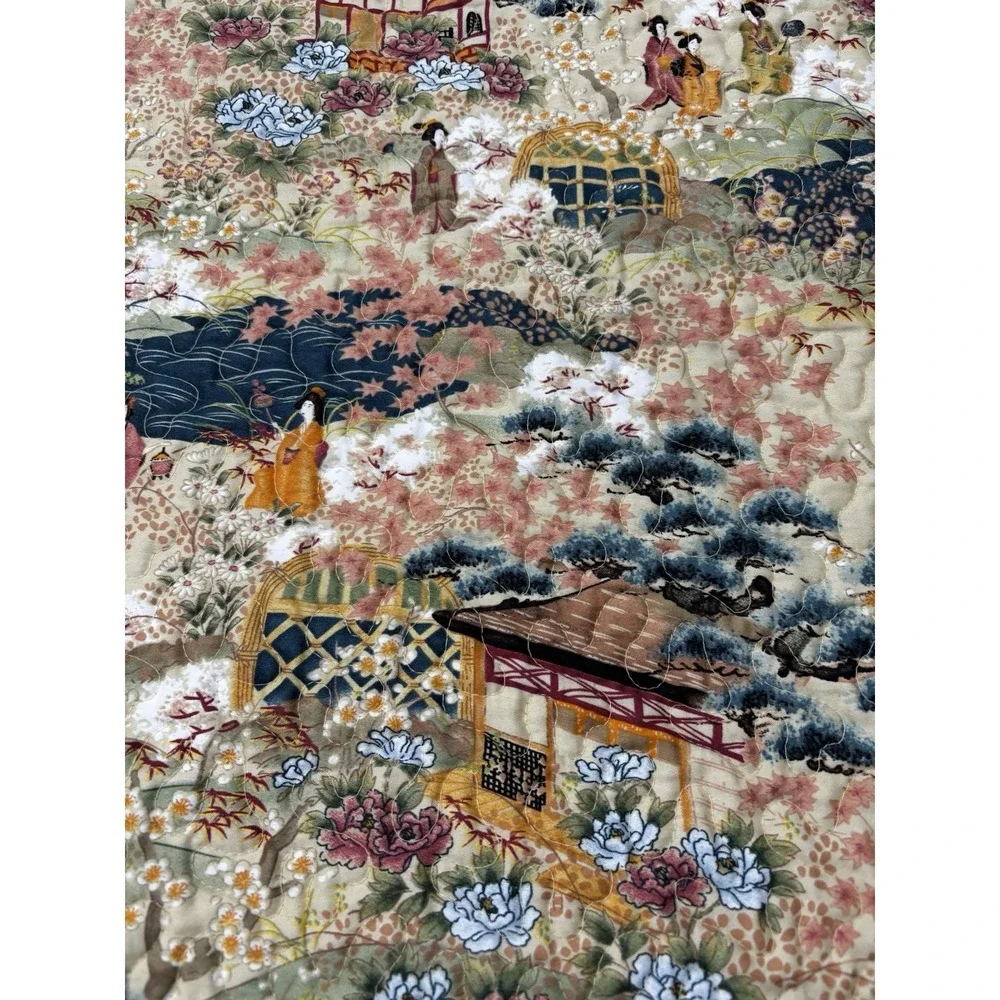 Cuddledown King Cotton Floral Asian Garden Quilted Bedspread 112x98 Scalloped